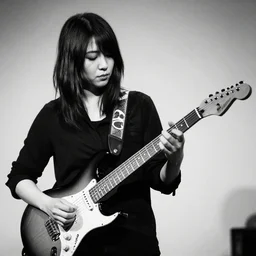a black and white photograph of a female japanese artist playing an electric guitar