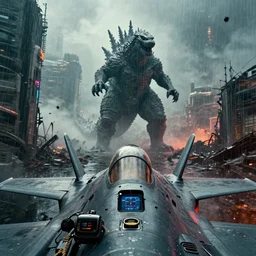 First Person Point view of cockpit in fighter jet Approach godzilla in the wreckage city in the rain,pacific rim,by James Paick,Tim Hildebrandt ,Ted Nasmith, peter gric,Hugh Ferriss,trending on artstation,8k,Blade Runner 2049,ultra realistic,high detail,golden ratio,cinematic lighting,maximalist