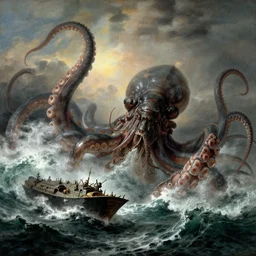 giant kraken with huge tentacles attacking frigate in the waves of a stormy ocean, by jmw turner