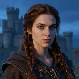 closeup portrait of an mage, cloth, blue hour, dungeons and dragons character, dramatic lighting, female, brown hair, celtic braid, castle background, gorgeous view, realistic, high detail, painted by jeremy mann