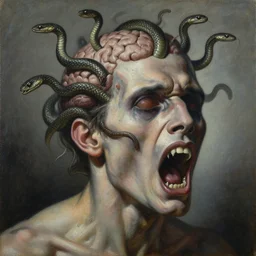 an oil on canvas painting of a screaming decapitated man's partially decomposing face with many biting serpents swarming out of his brain, a surrealist painting, polycount, surrealism, surrealist, lovecraftian, cosmic horror, high detailed