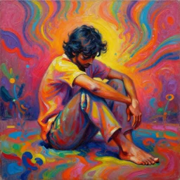 a painting of a person sitting on the ground, an oil on canvas painting by thota vaikuntham, artstation, psychedelic art, vivid colors, vibrant colors, psychedelic