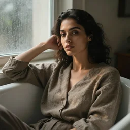 detailed portrait in comfortable femininity, ethnic, statuesque, relaxed realistic face, casual wear, cozy study bathed in morning light, chiaroscuro, radiosity, angular impressionism, contrasting highlights, calm neutral color scheme, rainy window dappled light, modern fashion, contemporary fine art, deep rich hues, norman rockwell