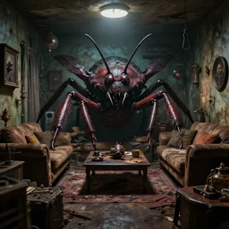 Horrifying giant bugs in a small cramped living room, ominous, 4K, high octane,