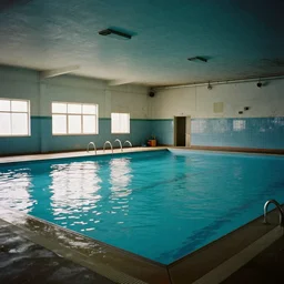 a post apocalyptic abandoned indoor swimming, 35mm color film