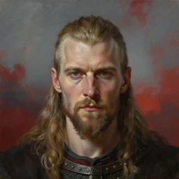 breathtaking soft painting of viking in a bloody sky, realistic symmetrical face features, rembrandt style, elegant, highly detailed, artstation, concept art, matte, sharp focus, art by tom bagshaw, and greg rutkowski