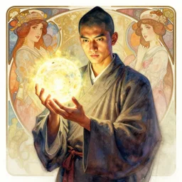 shaolin monk holding an orb of light. fantasy, digital painting, 8 k, highly detailed. realistic award, disney concept art watercolor illustration by mandy jurgens, alphonse mucha and alena aenami