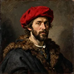 an oil paining by Titian of ryan gosling wearing a red hat, and a dark cloak with a fur collar. He is looking to the side, and his expression is serious. The background is a blur, and the colors are muted.