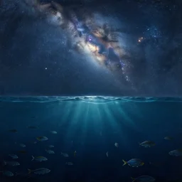 point of view of botom of the ocean looking up, see fishes, the milk way, night time, midnight, no sunlight. highly detailed painting by gaston bussiere, greg rutkowski 8 k