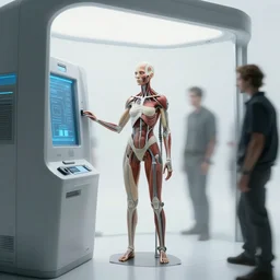 sadie sink as a miner considers her options inside a bright minimalist automated kiosk. storyboard, scifi cyberpunk. by gabriel hardman, joe alves, chris bonura. cinematic atmosphere, detailed and intricate, perfect anatomy