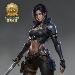 a digital painting of a woman with a sword, cyberpunk art by ruan jia, zbrush central contest winner, fantasy art, artstation hd, zbrush, polycount