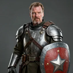 Walter White wearing heavy military armor with a shield, highly detailed, 8k octane render