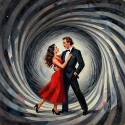 optical illusion painting of a couple dancing in a worm hole, illusionism, look twice, mind blow, by leandro erlich and salvador dali, detailed