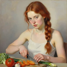 a beautiful painting of a gorgeous young mother with auburn side braid draped over her shoulder and pretty hazel eyes, representative of the art style of artgerm and wlop and peter mohrbacher, chopping vegetables