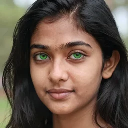 Beautiful young Indian female face, long black hair, green eyes, fine details, photorealistic,8k, XF IQ4, 150MP, 50mm, F1.4, ISO 200, 1/160s, natural light