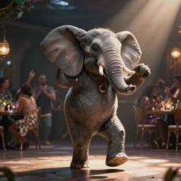 an anthropomorphized elephant dancing at a party