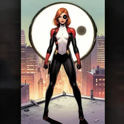 phil noto comicbook cover art, artgerm, female domino x - force, black circle spot right eye, symmetrical eyes, full body, city rooftop