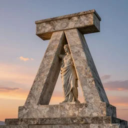 a giant stone statue of the greek lambda symbol, epic sunset skies in the background, highly detailed digital art by jullie bell
