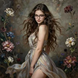 portrait of a young attractive nerdy woman in flowing sensual dress, arrogant, long fine flowing hair, delicate, looking at camera, slightly awkward smile, realistic face, hands behind back, stylish, elegant, grimdark fantasy, flowers, extremely detailed painting inspired by Gerald Brom and Ernst Haeckel and Dorothy Lathrop, studio lighting