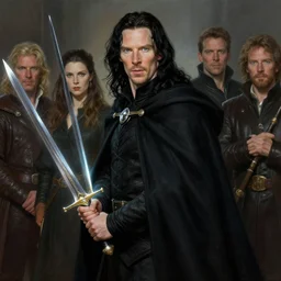 benedict cumberbatch as a warrior with long raven black hair, with glowing sword, in black cloak | | realistic shaded, fine details, realistic shaded lighting painting by greg rutkowski, diego gisbert llorens, magali villeneuve, artgerm, jeremy lipkin, michael garmash, rob rey