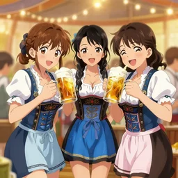 oktoberfest girls celebrating, beer, in the style of mori hayanami