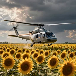 An apache helicopter landing in a field of sunflowers