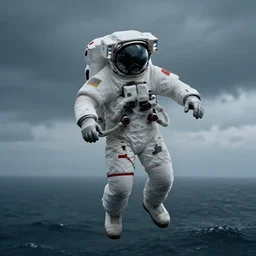 photo of dying astronaut floating in sky over ocean, moody, atmospheric, 8k, unreal engine render, hyper realistic, sci fi