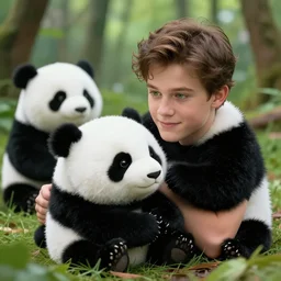 a magical land where stuffed toy pandas torment young caucasian men with brown hair and green eyes