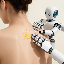 robot puts on sunscreen on a womans back