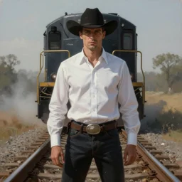 a dramatic ethereal epic symmetrical painting of a handsome villainous cowboy standing in front of railroad tracks with a train locomotive | his shirt is unbuttoned and he has a pocketwatch | tarot card, art deco, art nouveau, ( steampunk ), realistic | by mark maggiori and ( ( ( ( alphonse mucha ) ) ) | trending on artstation