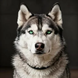 A photorealistic portrait of a husky with green eyes and a collar around his neck