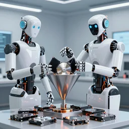 a robot eating hard drives from a funnel