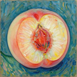 an impressionist painting of a peach cut in half in the style of van gogh