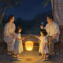 chinese mid autumn festival, kids with a lantern while their parents enjoy a glass of wine, by james gilleard, victo ngai, ruan jia, liuyuan lange