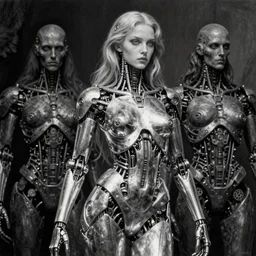 3 d chromium and graphite render of a cyborg machina - nymphette, portrait by tony diterlizzi and h. r giger, ilford hp 5, 5 5 mm, hyper realistic, hyper - mechanistic by artgerm, gustav dore, peter mohrbacher, gothcore, disturbia, joseph christian leyendecker