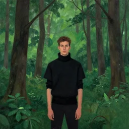 man in the woods, james jean style, 5 feet from camera, waist up