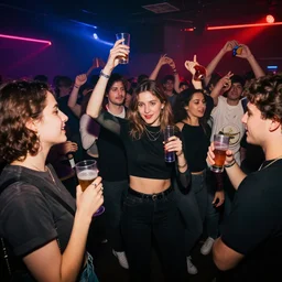 young people dancing and drinking in a nightclub, partylights, beautiful people, by andreas achenbach, trending on artstation