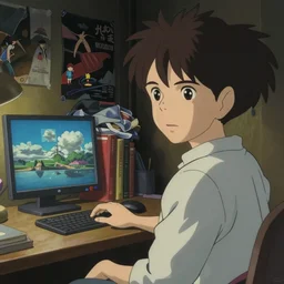 painting of a beautiful cinematic close up of the main character's atmospheric bedroom in the anime film by makoto shinkai and studio ghibli; cinematic lighting, lamplight, lit by a computer monitor; a computer desk, (books), messy clothes, anime lover, posters, toys, screenshot from the makoto shinkai anime