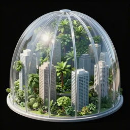 a city shrouded in a dome of transparent plants, comic book style, high res