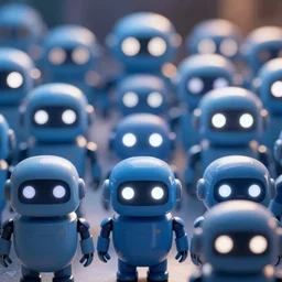 small blue robots with big smiles and bright white LED eyes looking at the camera. The robots are arranged in a grid. 24mm close-up. bokeh.