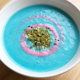 a cyan and pink soup.