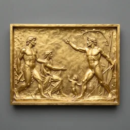 A gilded bronze bas relief of the Creation of Man in the style of Alfred Gilbert, Jules Dalou, Auguste Rodin, 1899, 4K resolution