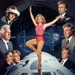 collage of amy adams dancing through beautiful space ship, 1 9 6 0 s technicolor, ludek pesek, colorful accents, rick guidice, chesley bonestell, lucien rudaux, rolf klep, fred freeman, george pal