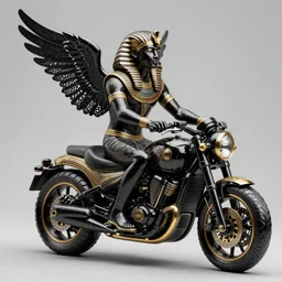 fine art statue of black egyptian man on a surrealist motorbike, ebony art deco, carved black marble, inlaid with ebony and gold accents, ebony rococo, wings black lace wear, spider zero, zaha hadid, beautifully lit, hyper detailed, octane render, intricate, elite, ornate, photorealistic, micro details, 3 d sculpture, ray trace
