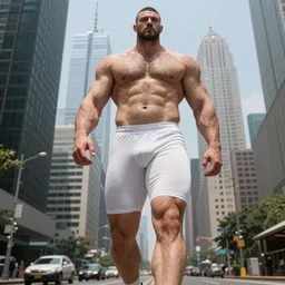 hairy muscly very pale man larger than skyscrapers wearing tight white shorts walks around the city, low angle shot, photography, highly detailed, award winning photography, 4 k, highly detailed, trending on artstation