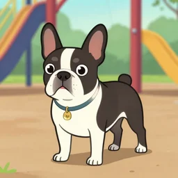 a french bulldog boston terrier hybrid dog on a playground in the style of alex hirsch gravity falls