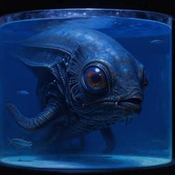 close - up view of a giant dark sci - fi alien sea creature with big eyes in a giant futuristic fish tank, deep blue colors, highly detailed science fiction painting by syd mead, roger dean, and moebius. rich colors, high contrast, black background. artstation.