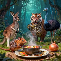 a photo of a feathered mouse potato lizard kangaroo onion hippo tiger ostrich sparrow snake cooking dinner vibrant colours award winning nature photography nightmarish evil