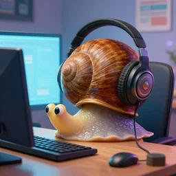 snail wearing headset behind pc, highly detailed, trending artstation,