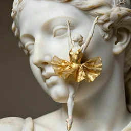 close up of face of marble sculpture, gold dress, ballett pose, official versace editorial, highly detailed